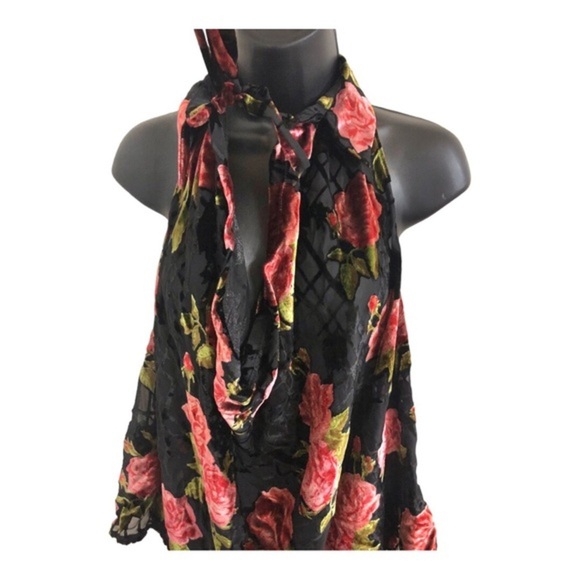 Free People black sheer velvet dark floral cowlneck tie‎ neck blouse size medium - Picture 9 of 16